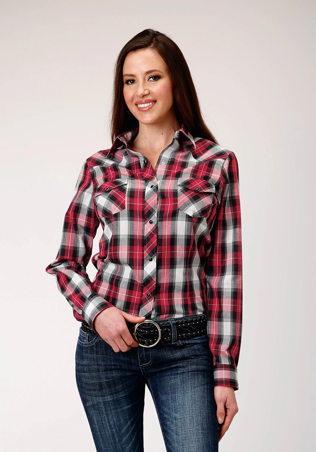 Roper Womens Grey Plaid Red Cotton Blend L/S Shirt Hiking Gear