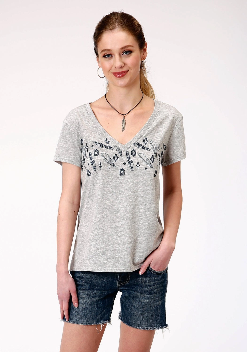 Roper Womens Grey Poly/Rayon Feathers S/S V-Neck T-Shirt Unisex Option