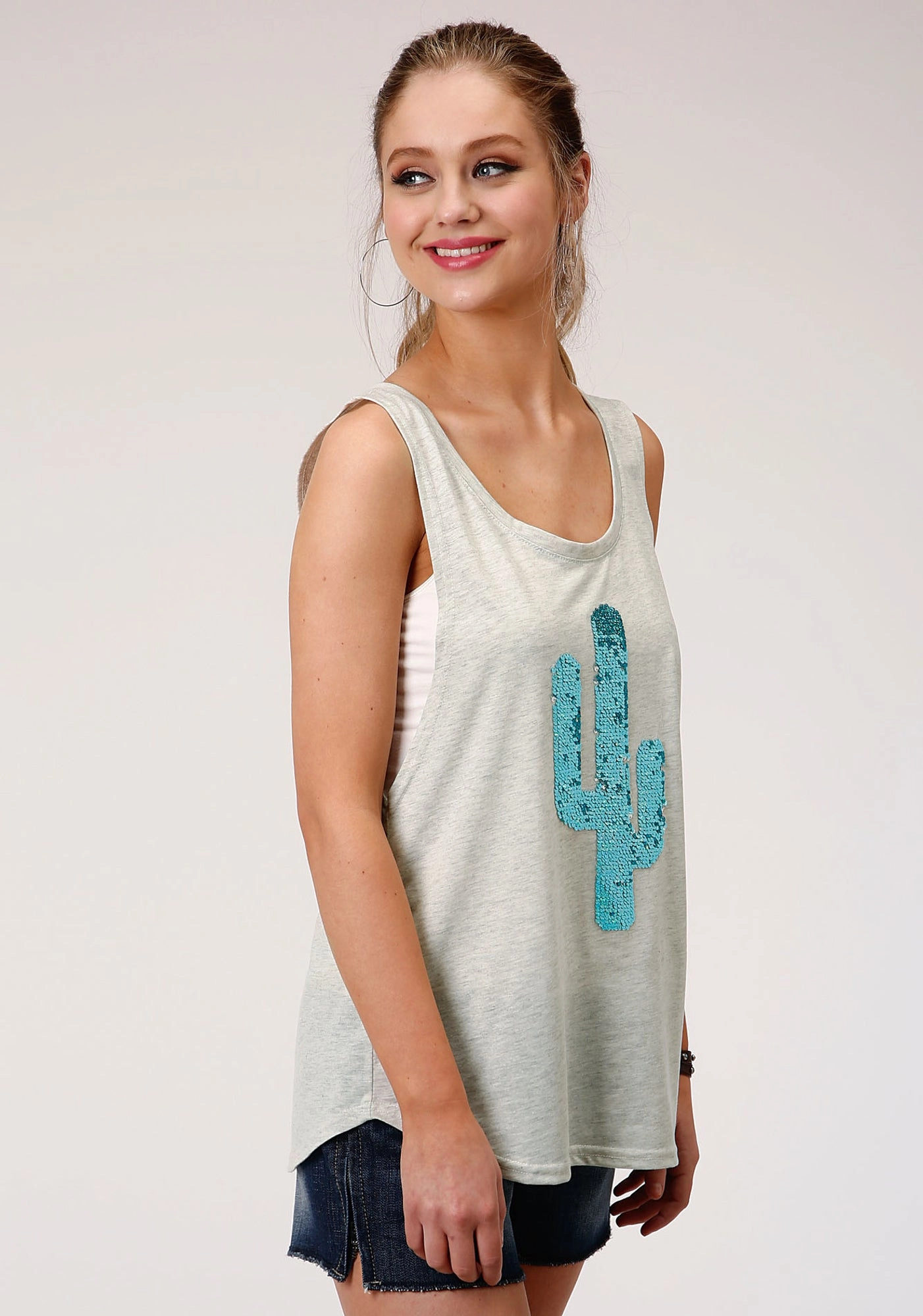 Roper Womens Grey Poly/Rayon Glitter Cactus S/L Tank Top Country Charm Spring Collection