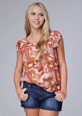 Durable Stitching Oversized style Roper Womens Groovy Cacti Pink 100% Rayon S/L Blouse