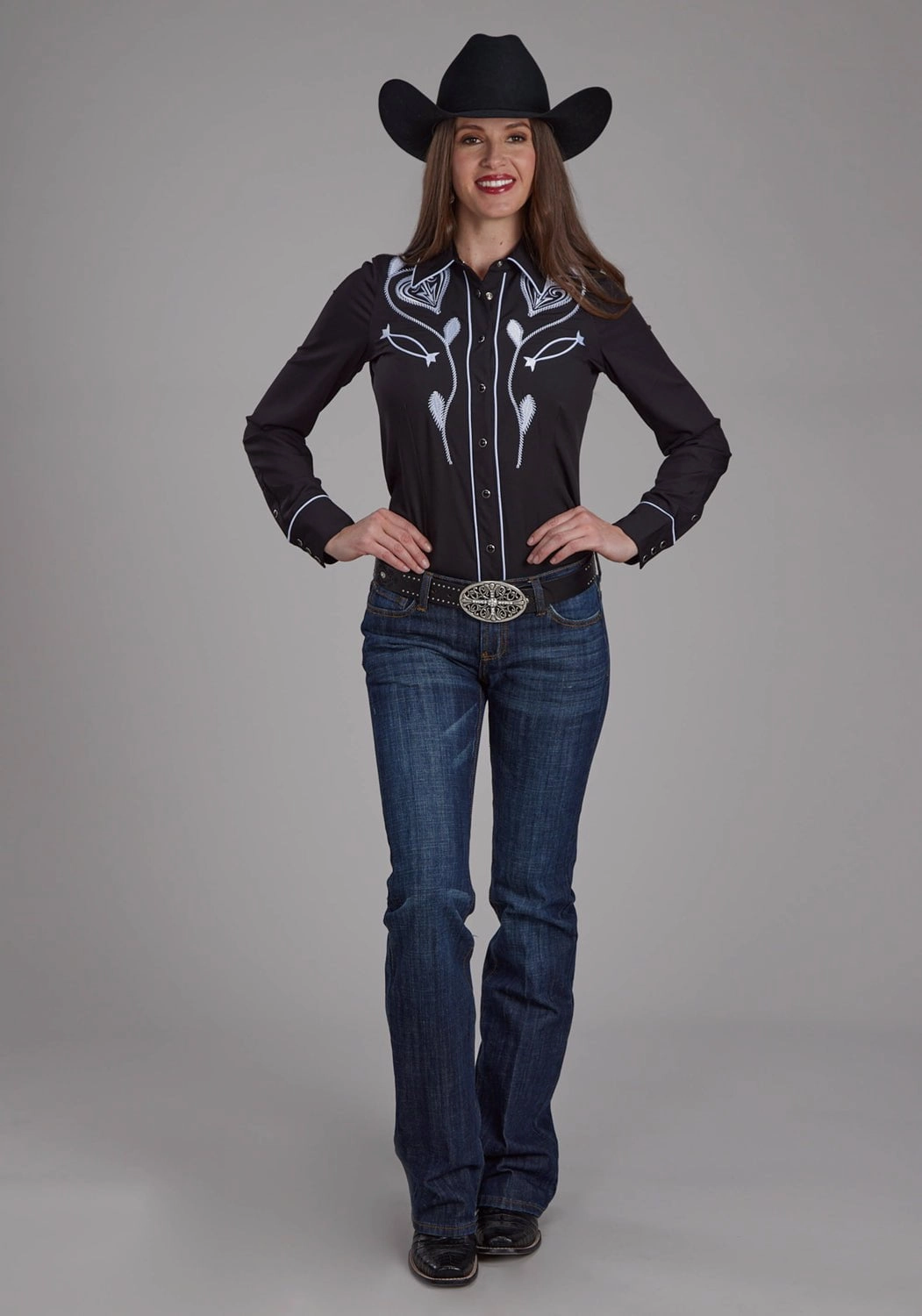 Roper Womens Heart Twill Retro Black Poly/Spandex L/S Shirt Slim Silhouette