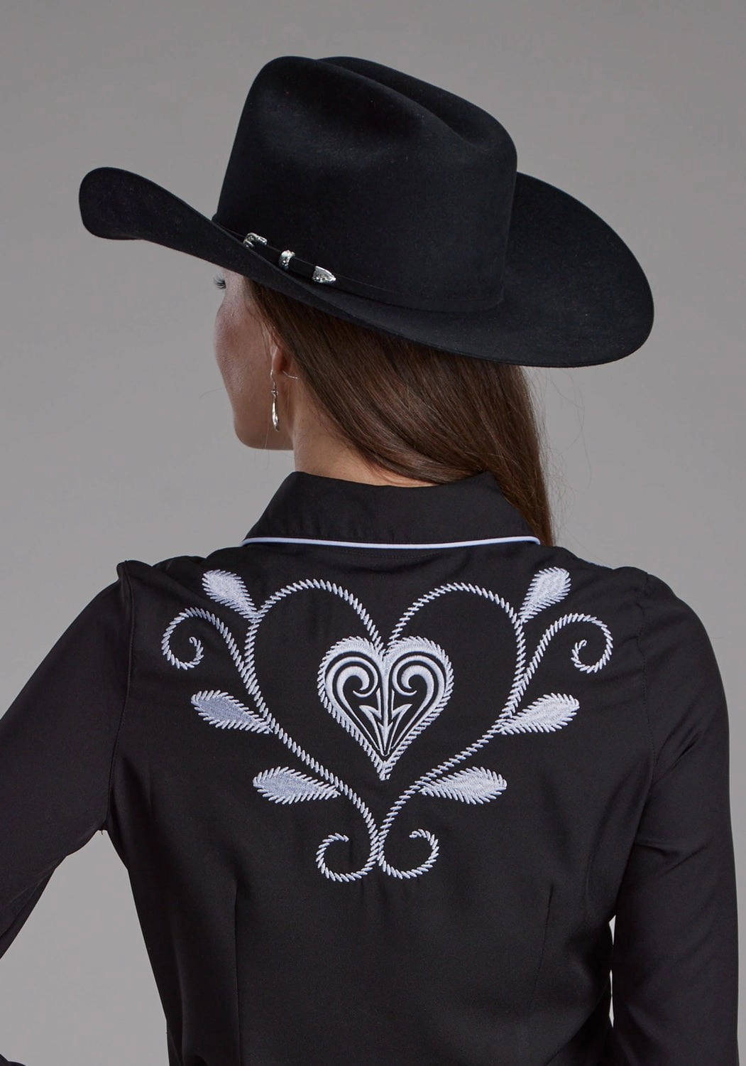 Roper Womens Heart Twill Retro Black Poly/Spandex L/S Shirt Seasonal Trend Reinforced Shoulders