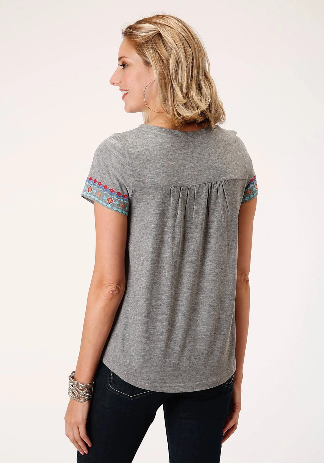 Eco-friendly Multipurpose Utility Roper Womens Heather Gray 100% Cotton Aztec Embroidery S/S T-Shirt