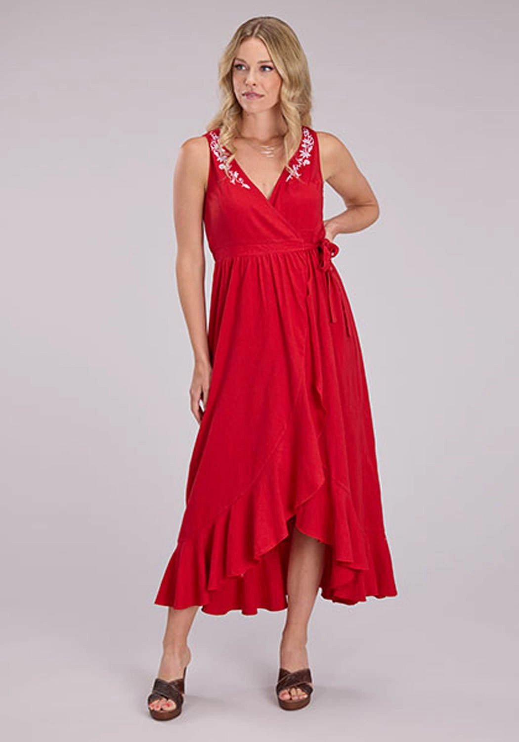 Stylish Feel Tear-resistant Roper Womens Hi-Lo Ruffled Surplice Red 100% Cotton S/L Dress