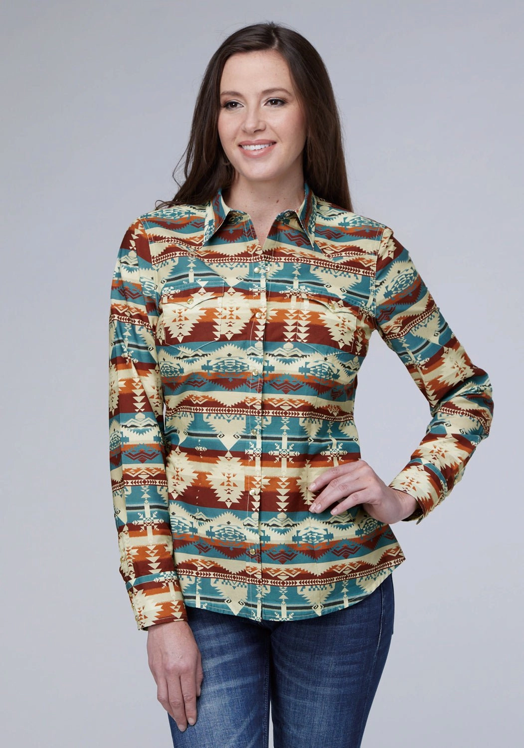 Sustainable fashion Black Tie Optional Roper Womens Horizontal Aztec Serape Multi-Color 100% Cotton L/S S/L Shirt