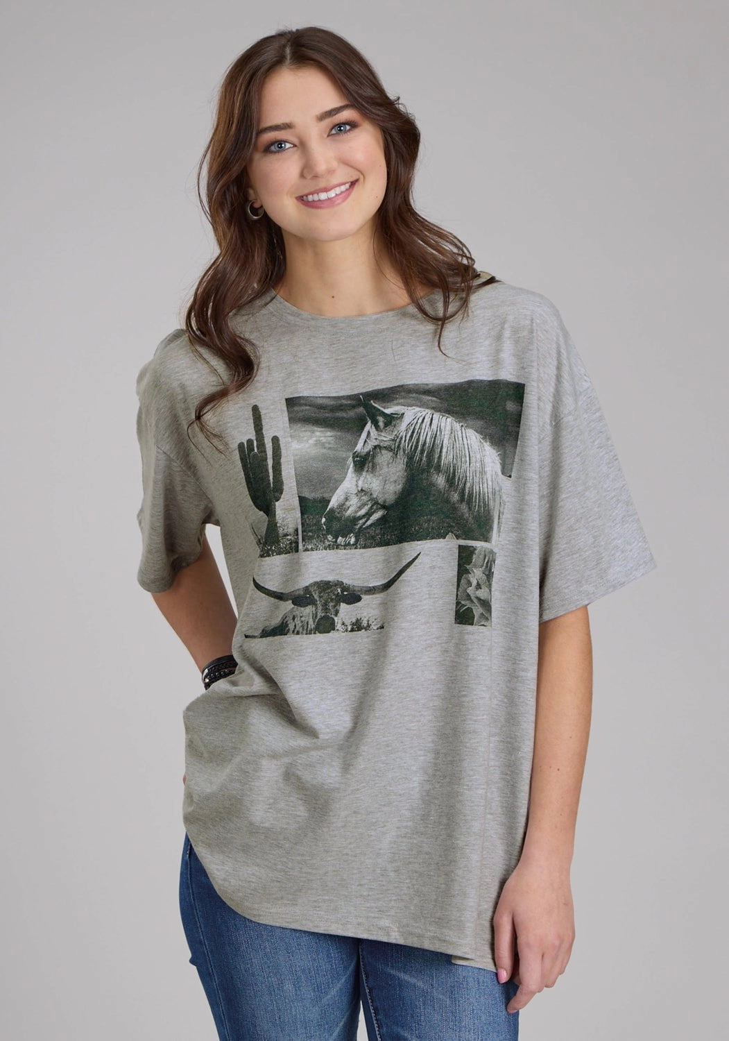 Fitted Design Roper Womens Horse and Longhorn Grey Cotton Blend S/S T-Shirt