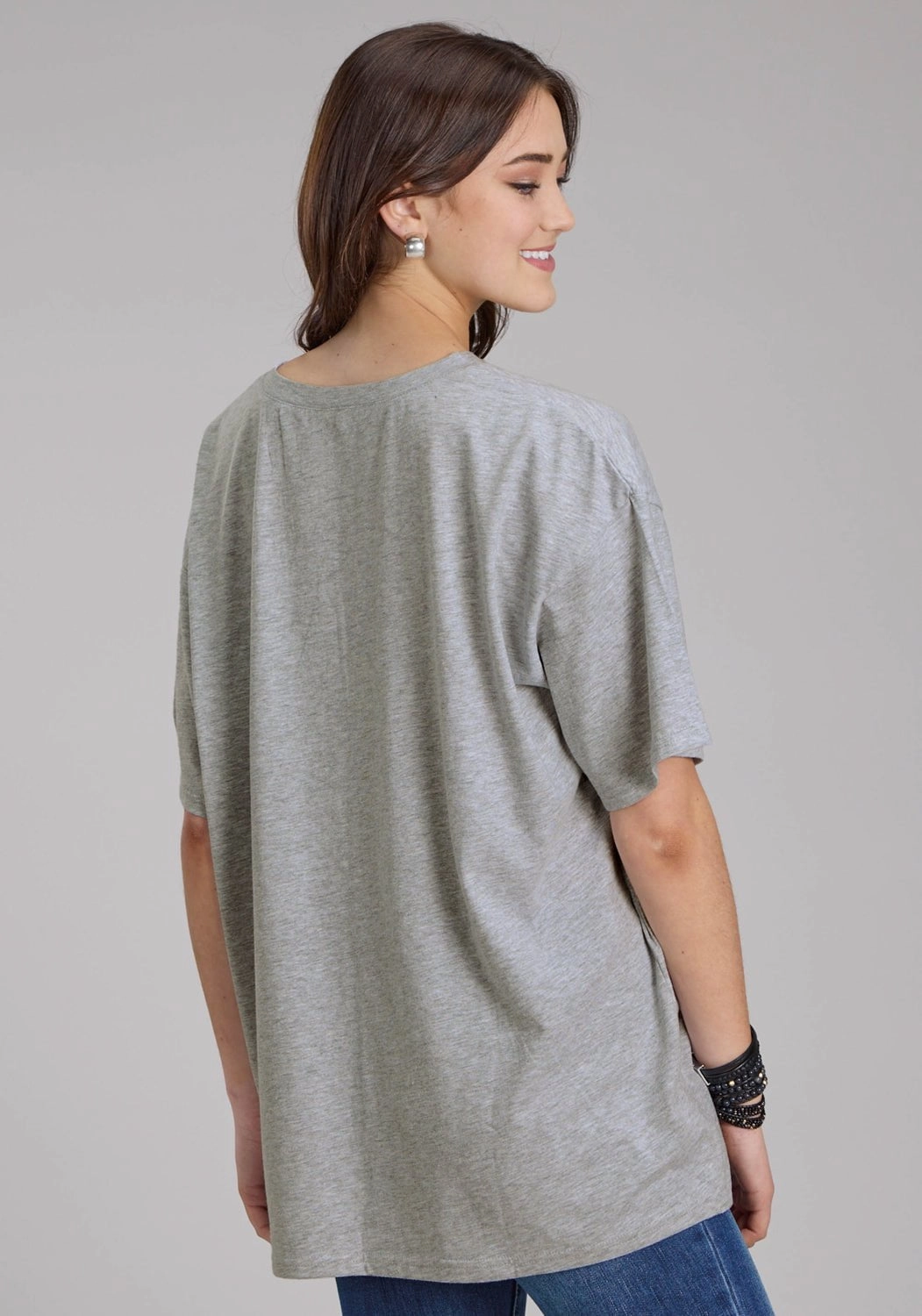 Roper Womens Horse and Longhorn Grey Cotton Blend S/S T-Shirt Relaxed Silhouette