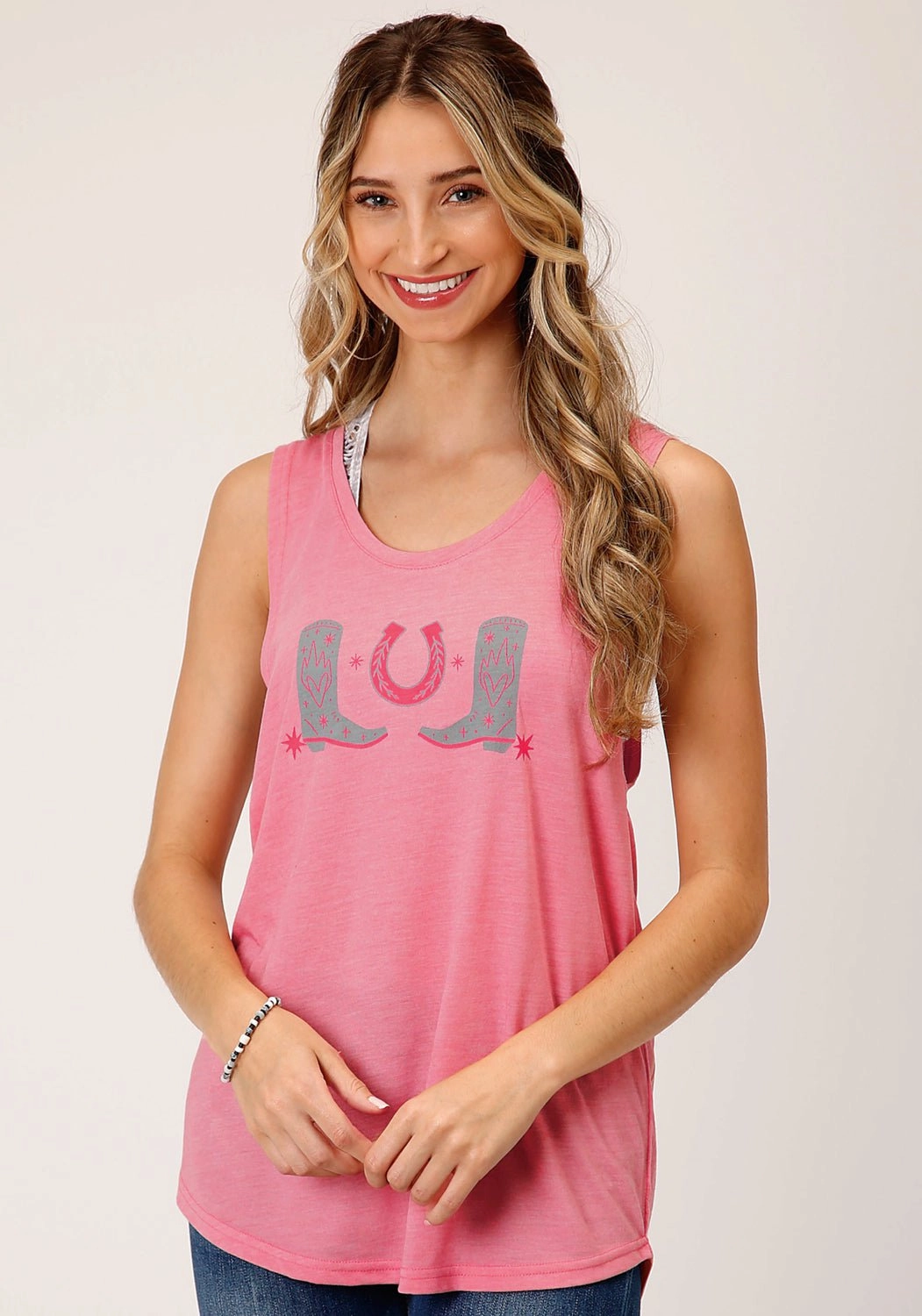 Lightweight Construction Versatile Layering Roper Womens Horseshoes and Boots Pink Poly/Rayon S/L Tank Top