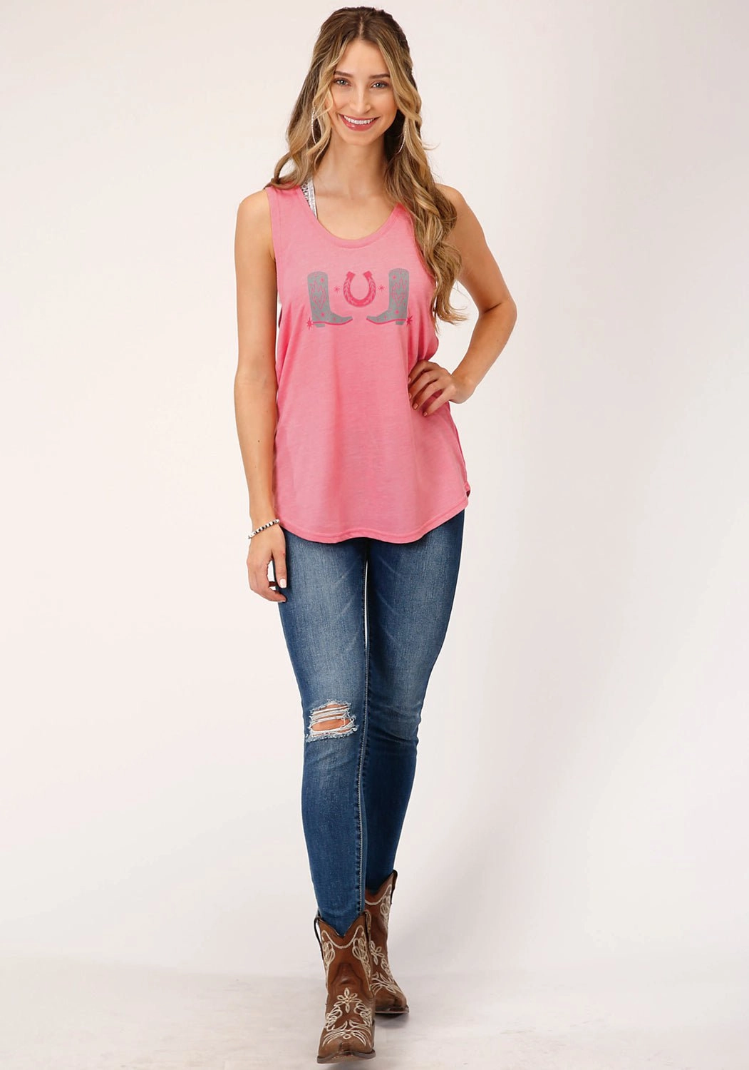shopping spree Business Meeting Roper Womens Horseshoes and Boots Pink Poly/Rayon S/L Tank Top