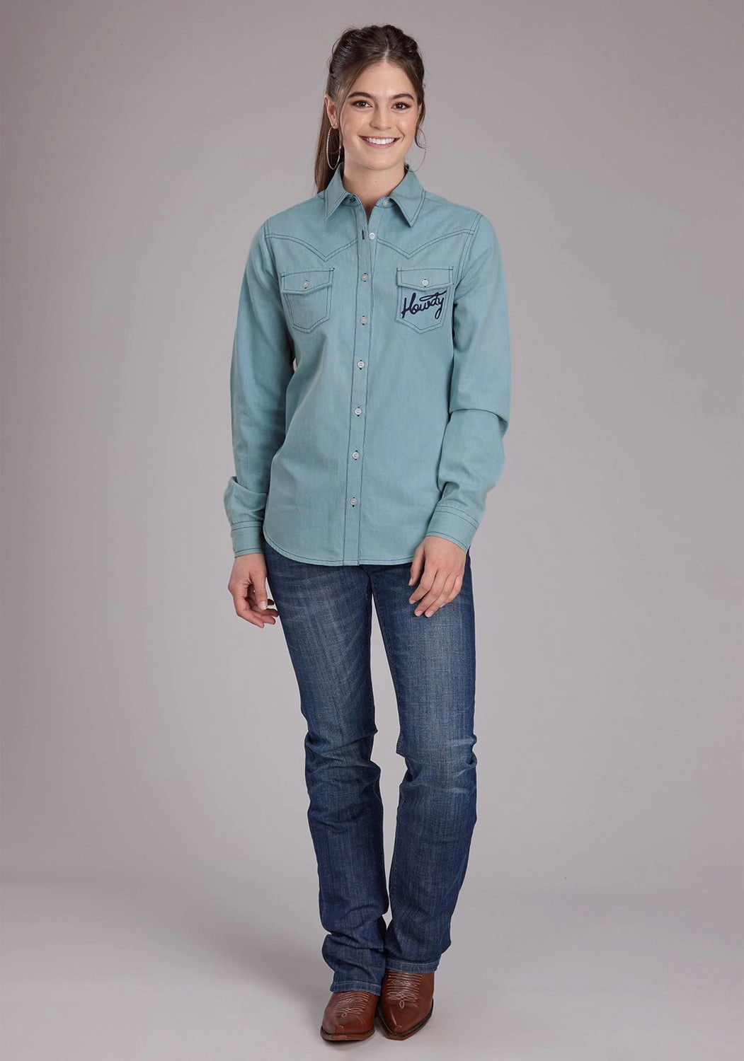 Fitted Cut Roper Womens Howdy Fringe Western Light Blue 100% Cotton L/S Blouse