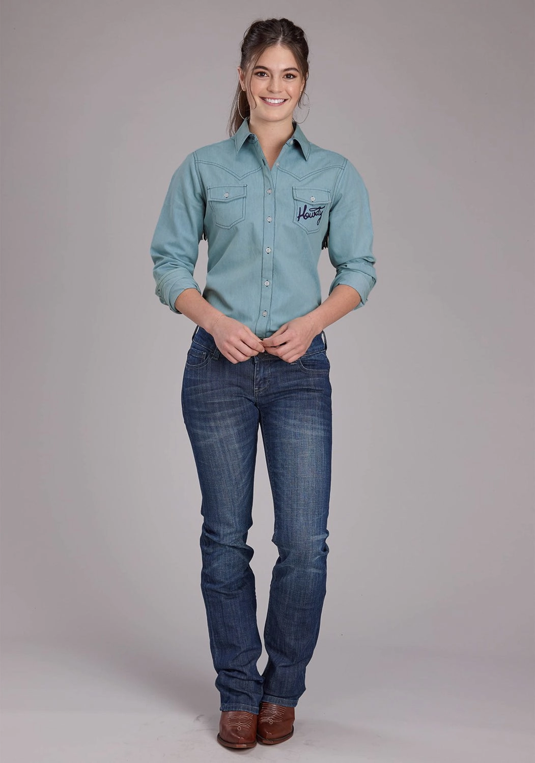 Pastel Shade Roper Womens Howdy Fringe Western Light Blue 100% Cotton L/S Blouse