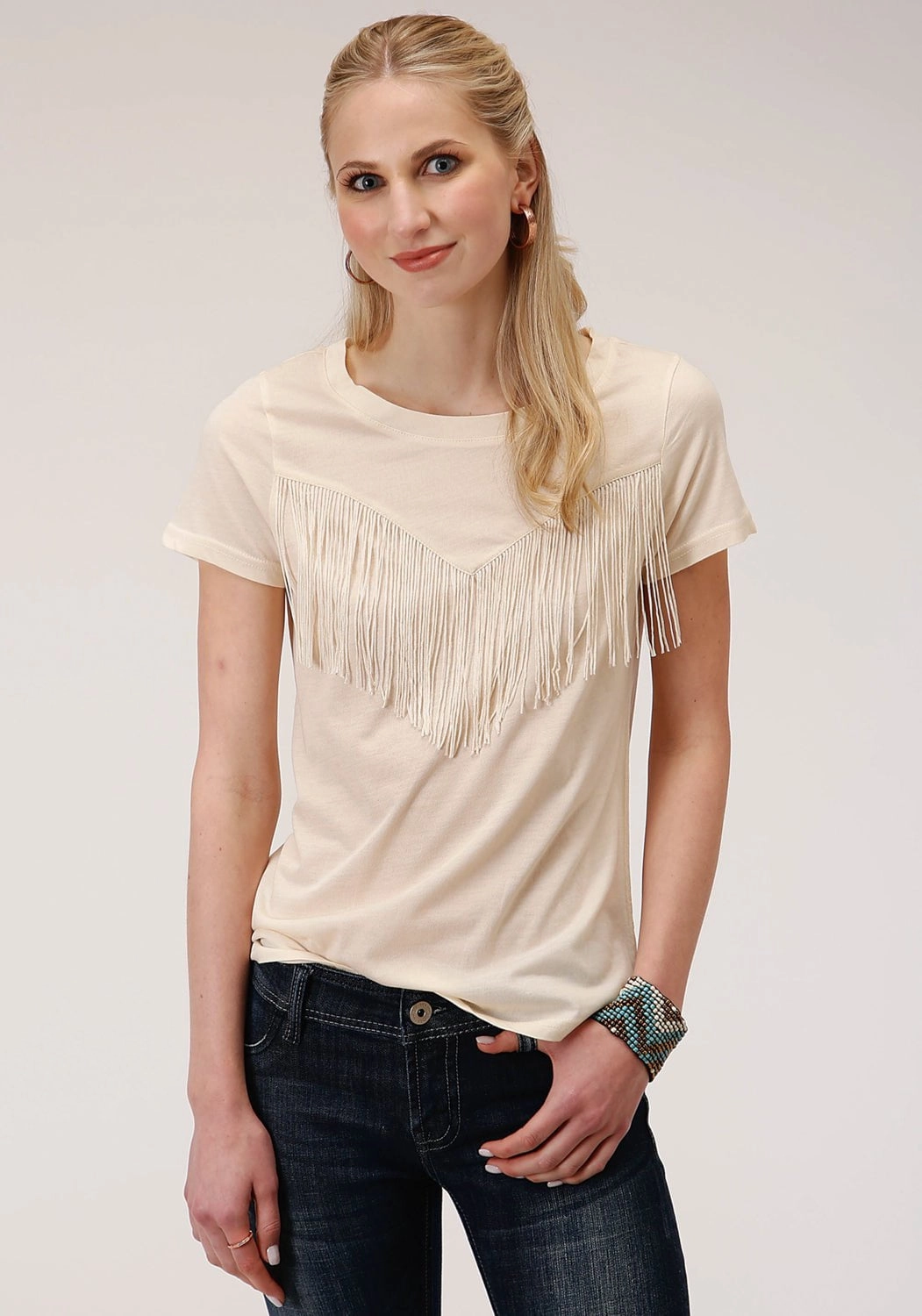 Roper Womens Ivory Poly/Rayon Western Fringe S/S T-Shirt elegant design