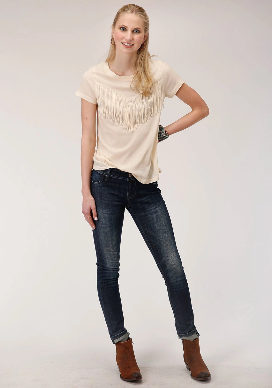 Classic Appeal Roper Womens Ivory Poly/Rayon Western Fringe S/S T-Shirt