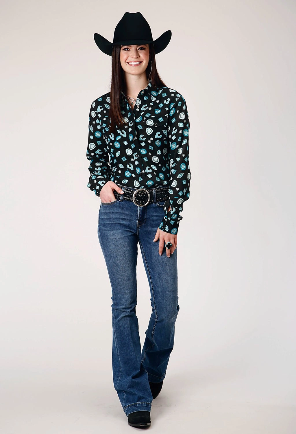 Roper Womens Jewelry Boyfriend Black 100% Rayon L/S Blouse Eco Friendly Material