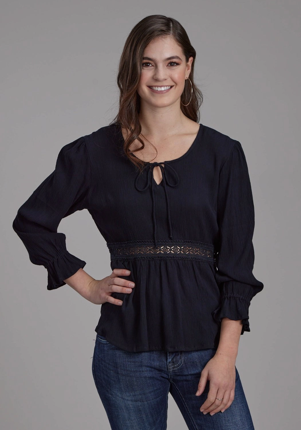 Trend-Driven Roper Womens Lace Insert Keyhole Black 100% Rayon 3/4 Sleeve S/S Blouse