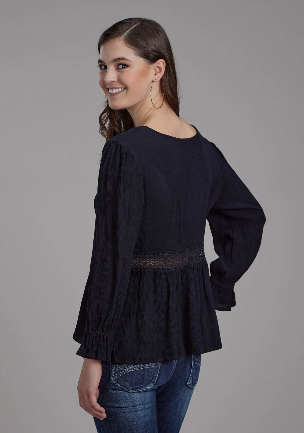 Roper Womens Lace Insert Keyhole Black 100% Rayon 3/4 Sleeve S/S Blouse High-Quality Fabric