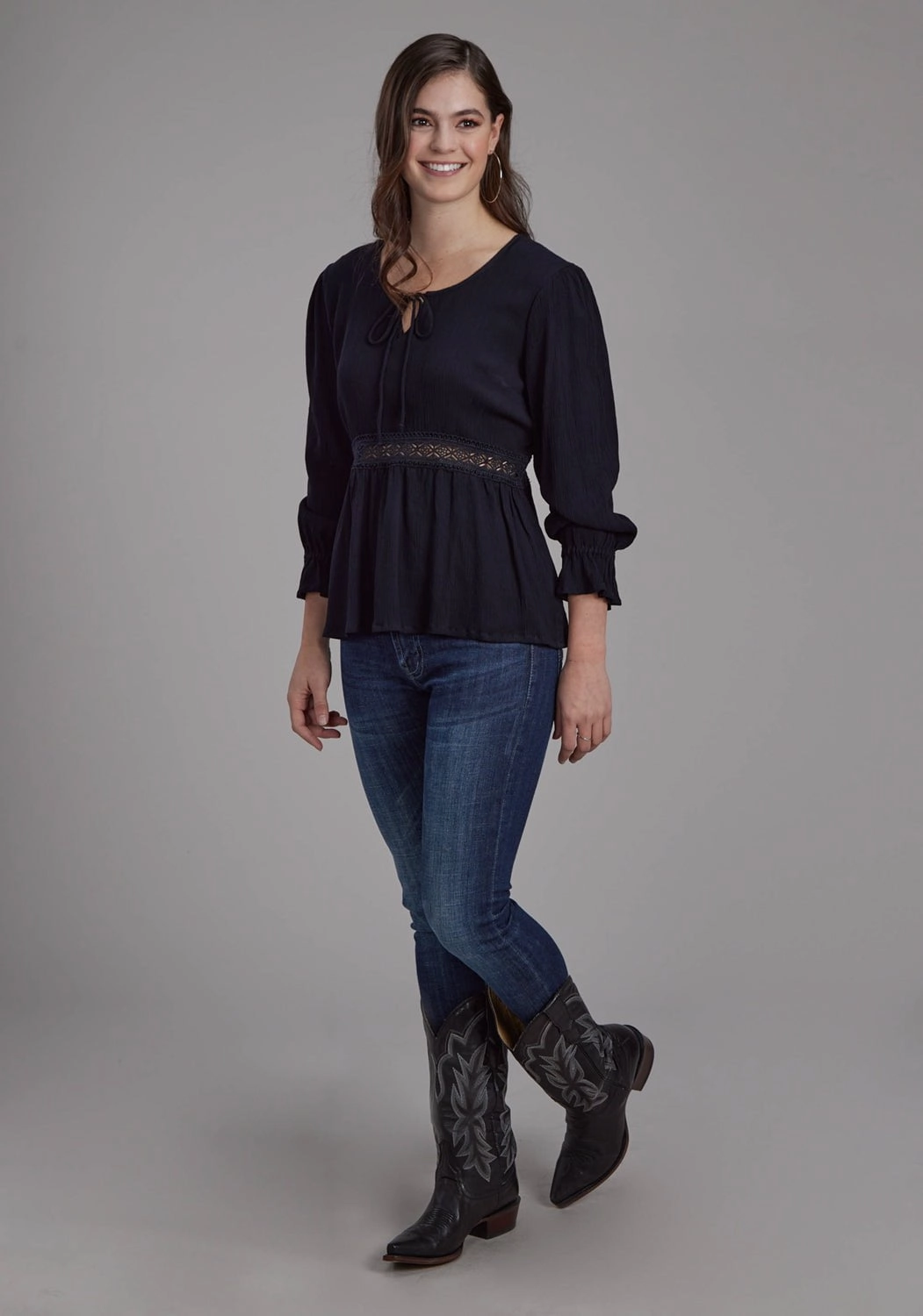 Pure Cotton Roper Womens Lace Insert Keyhole Black 100% Rayon 3/4 Sleeve S/S Blouse