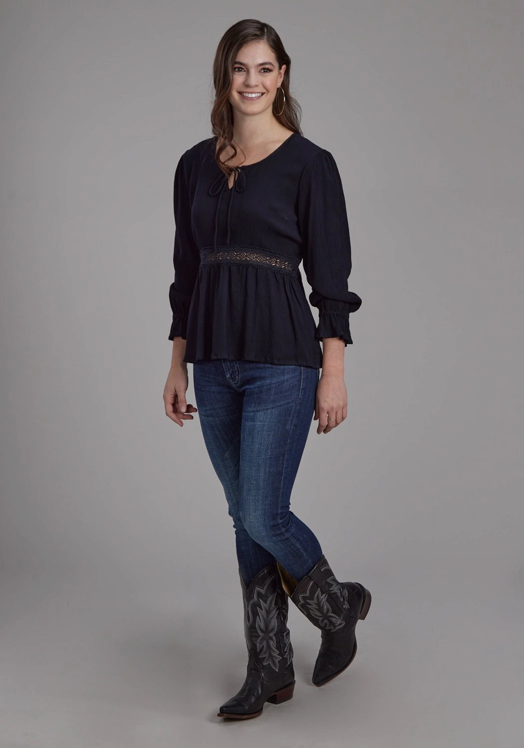 Professional Look Polished Look Roper Womens Lace Insert Keyhole Black 100% Rayon 3/4 Sleeve S/S Blouse