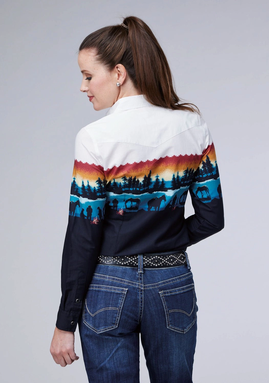 Roper Womens Lakeside Camp Border Black 100% Cotton L/S Shirt Trendy Look