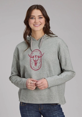 Cozy Texture Cozy Street Style Roper Womens Longhorn Fleece Grey Cotton Blend Hoodie