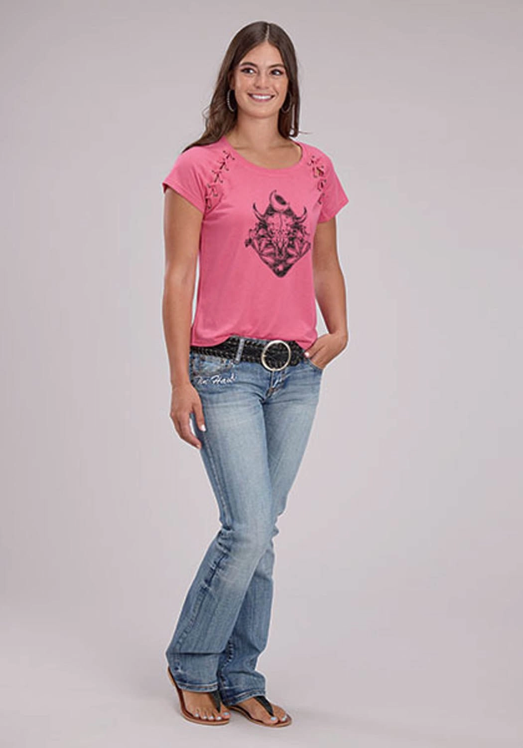 Roper Womens Longhorn Self Tie Pink Poly/Rayon S/S T-Shirt All-Ages Fit Raw edge
