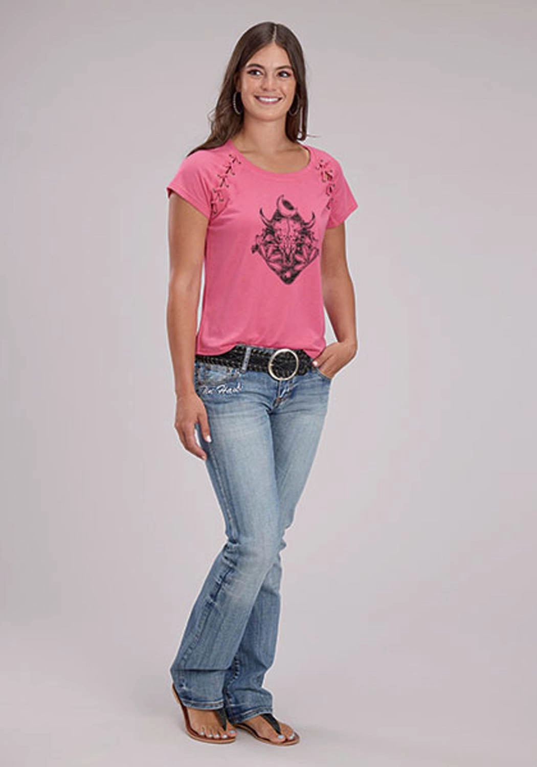Roper Womens Longhorn Self Tie Pink Poly/Rayon S/S T-Shirt Cocktail Party