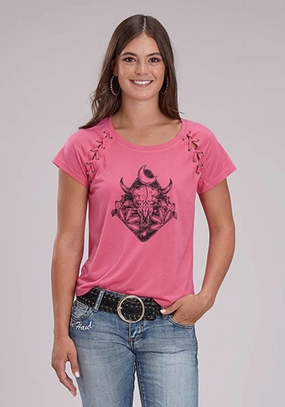 Roper Womens Longhorn Self Tie Pink Poly/Rayon S/S T-Shirt Laser Cut Edge Detail Sustainable Dye Process
