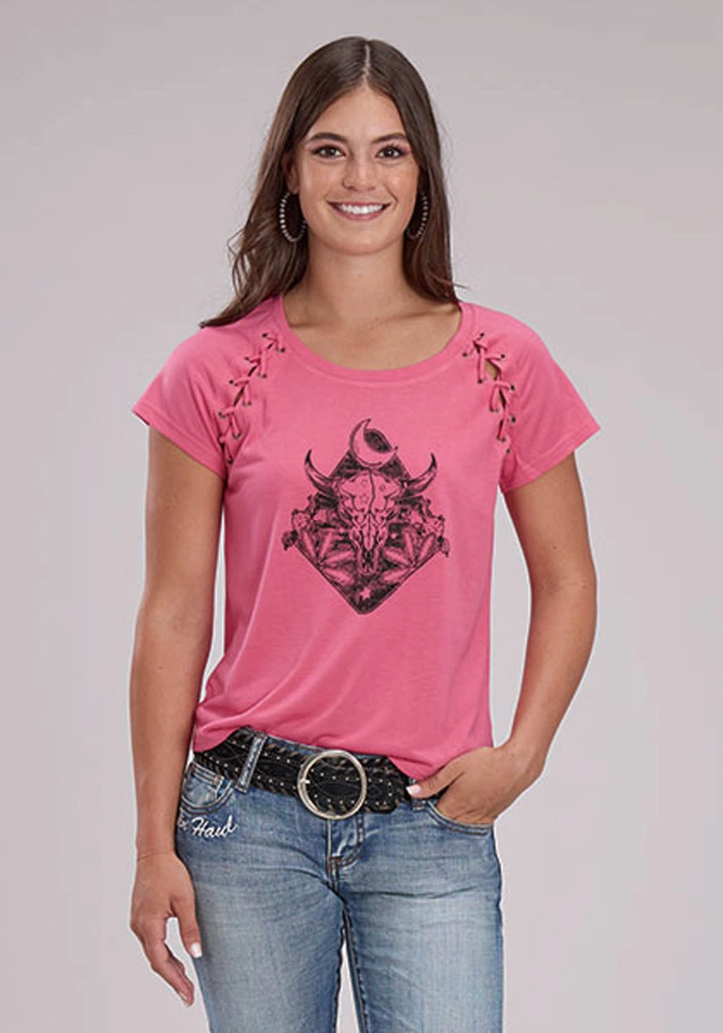 Roper Womens Longhorn Self Tie Pink Poly/Rayon S/S T-Shirt Laser Cut Edge Detail Sustainable Dye Process