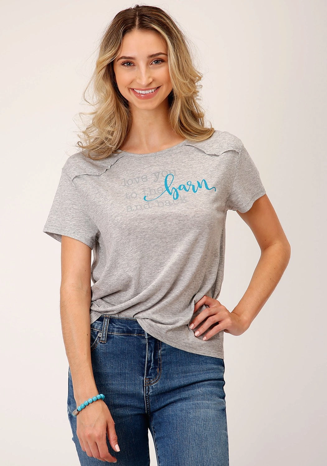 Roper Womens Love You Barn Grey Poly/Rayon S/S T-Shirt bohemian flair