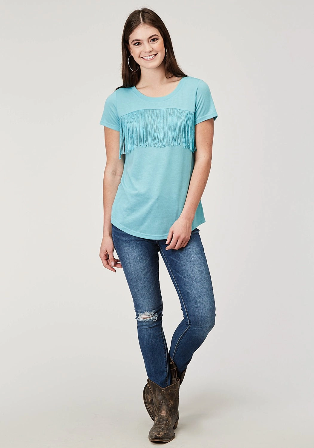 Roper Womens Matching Fringe Light Blue Poly/Cotton S/S T-Shirt Earthy Palette