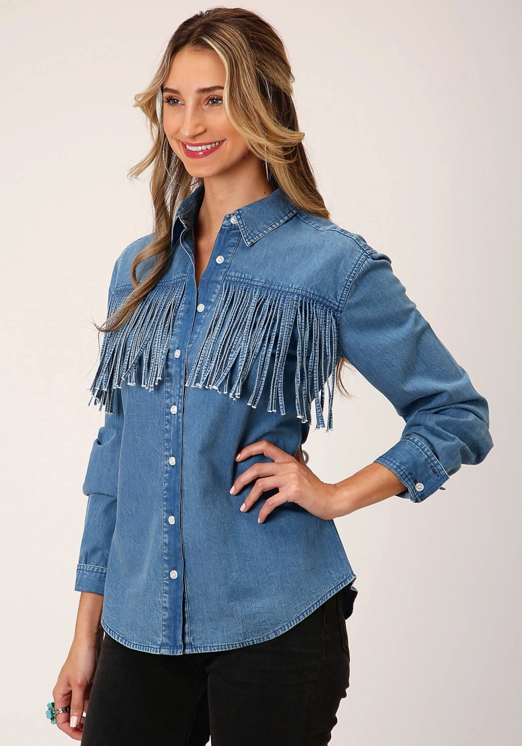 Roper Womens Medium Fringe Blue 100% Cotton L/S Shirt shopping spree