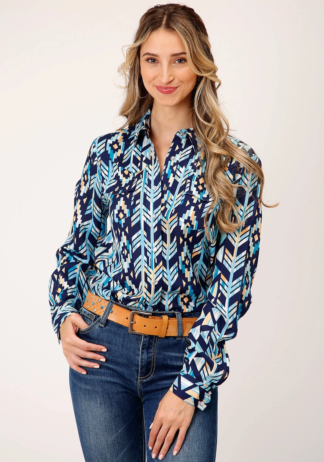 Roper Womens Modern Aztec Blue Rayon/Nylon L/S Shirt natural fiber