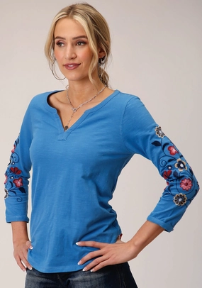 Gym Wear Roper Womens Multi-Color Floral Blue 100% Cotton 3/4 Sleeve S/S Tunic