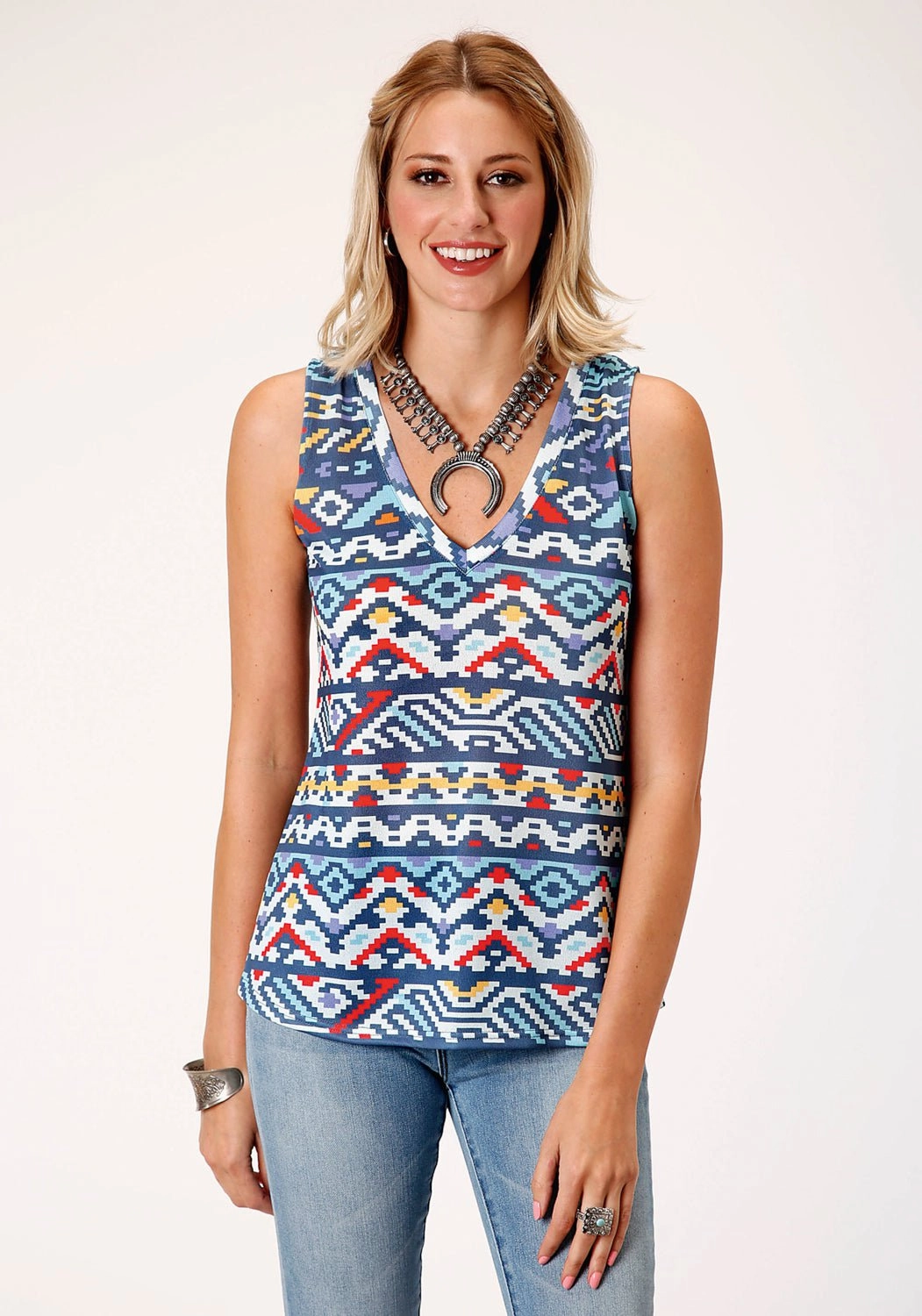 Tailored Style Roper Womens Multi-Color Polyester Aztec Knit S/L Tank Top