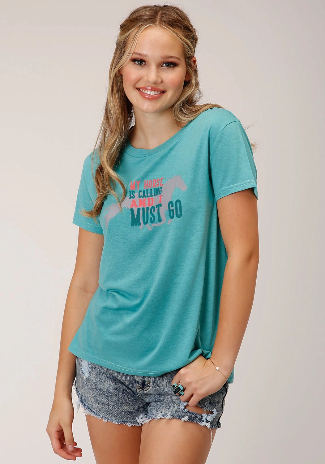 Roper Womens My Horse is Calling Blue Poly/Rayon S/S T-Shirt Moisture Management Tech