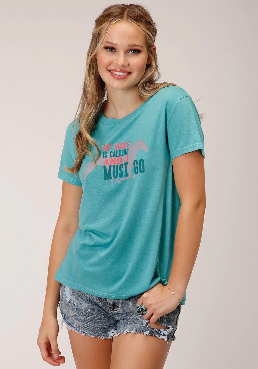 Asymmetrical Cut Roper Womens My Horse is Calling Blue Poly/Rayon S/S T-Shirt