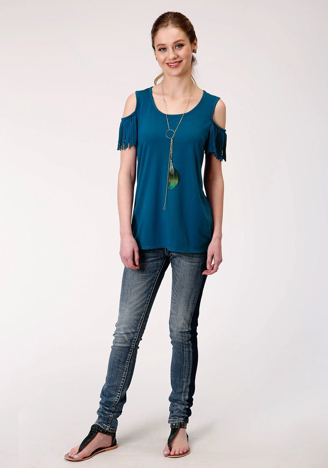 Retro Vibe Roper Womens Navy Blue Poly/Rayon Cold Shoulders S/S T-Shirt