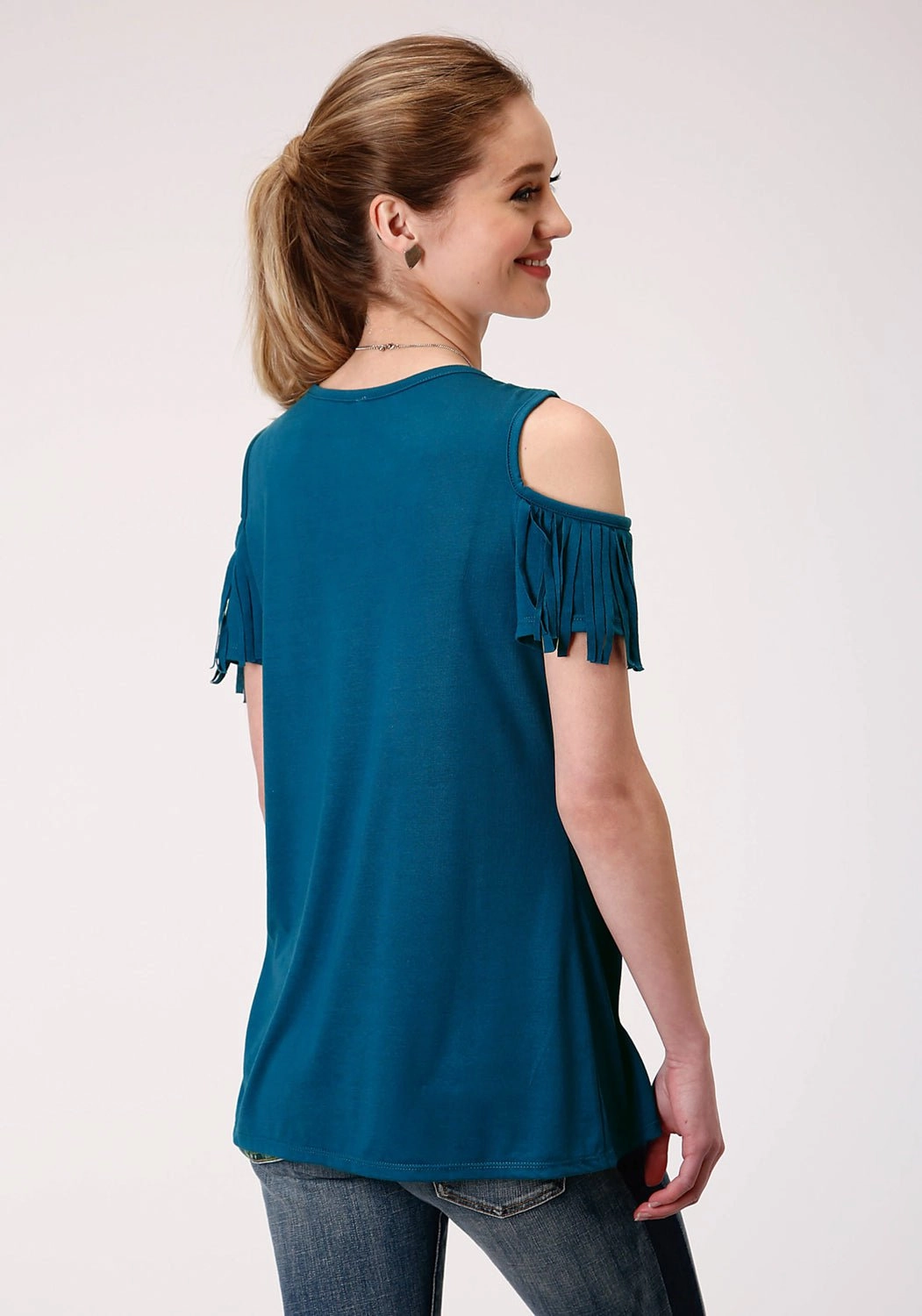 Roper Womens Navy Blue Poly/Rayon Cold Shoulders S/S T-Shirt Athletic Cut