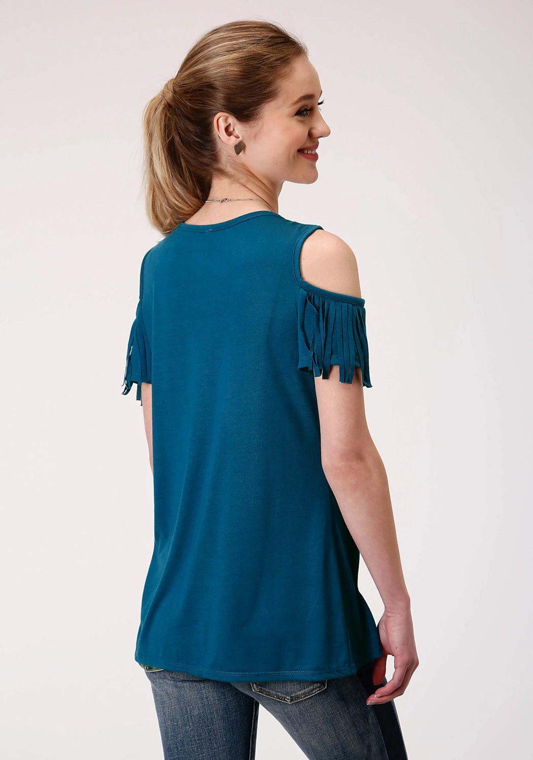 Eye-Catching Pattern Geometric Design Roper Womens Navy Blue Poly/Rayon Cold Shoulders S/S T-Shirt