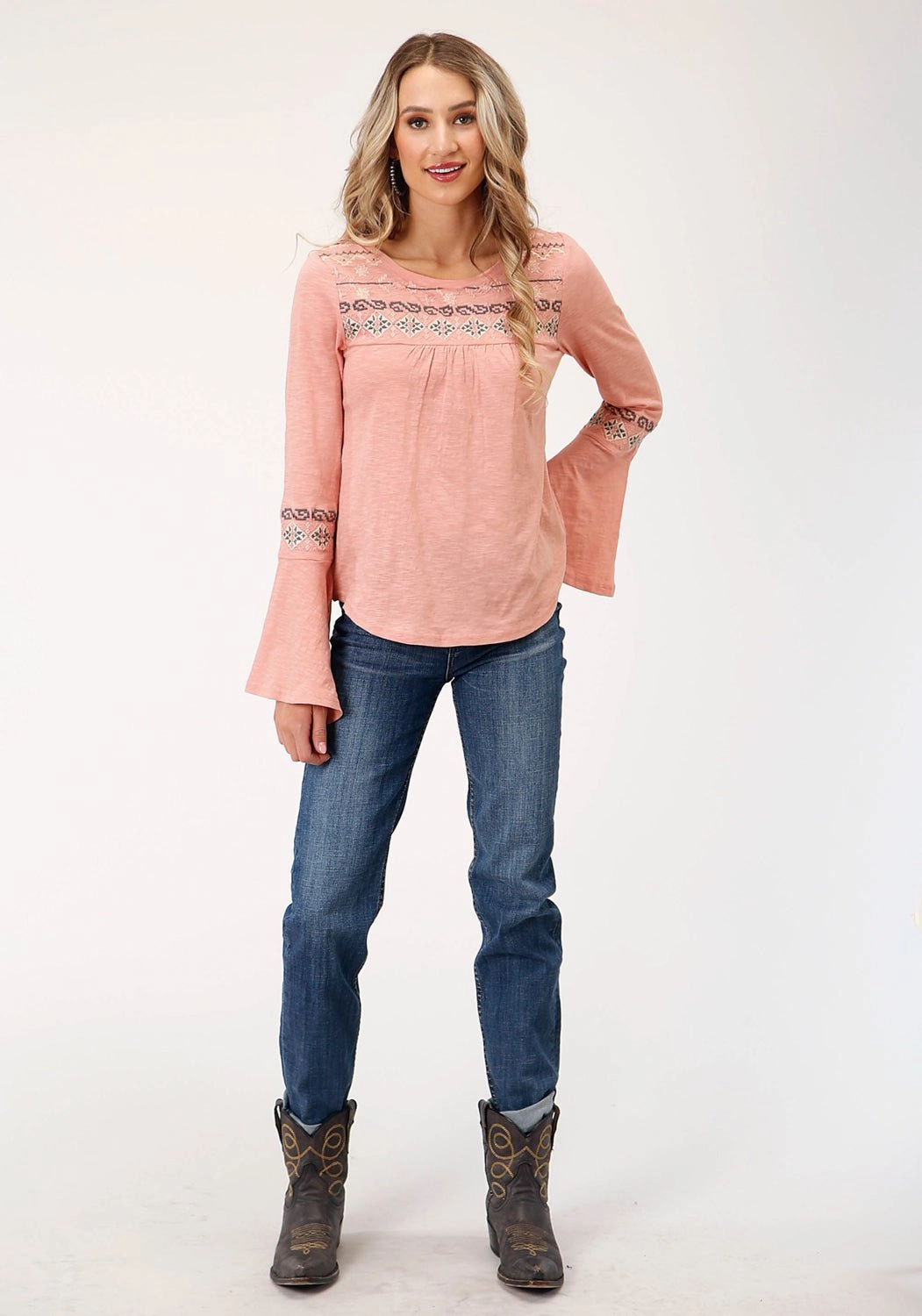 Fitted Shape Party Ready Roper Womens Peasant Knit Light Pink 100% Cotton L/S Tunic