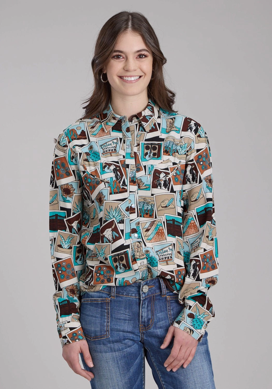 Roper Womens Photo Collage Multi-Color 100% Rayon L/S Blouse Roll-Up Sleeve Minimalist fashion