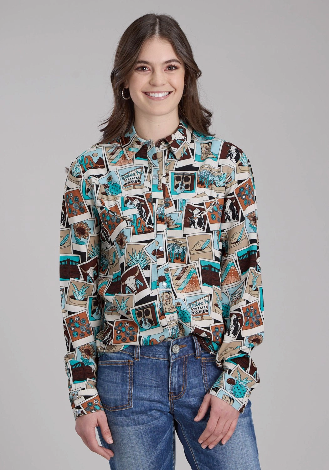 Roper Womens Photo Collage Multi-Color 100% Rayon L/S Blouse Structured Collar Anti Pilling Surface