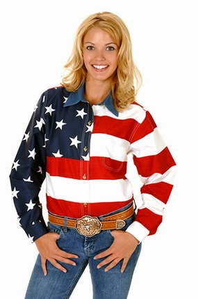 Long Sleeve Durable Fabric Roper Womens Pieced Stars and Stripes Red/Blue 100% Cotton Btn L/S Shirt