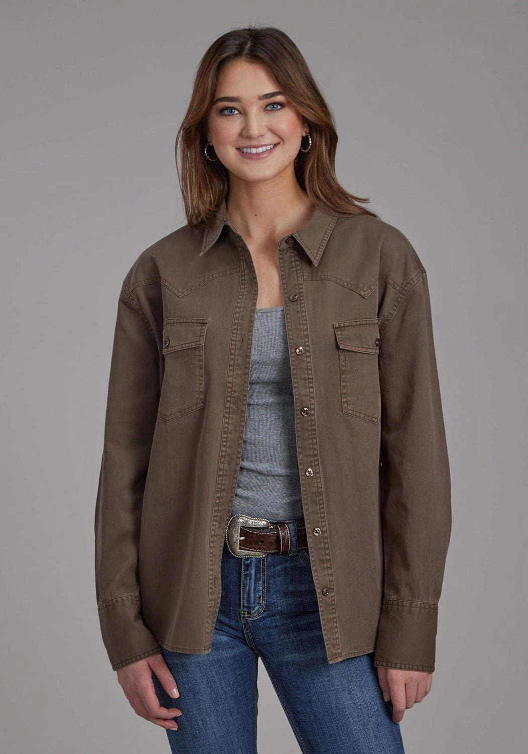 Flat Lock Stitching Fashion Forward Roper Womens Pigment Dyed Oversized Brown 100% Cotton Jacket