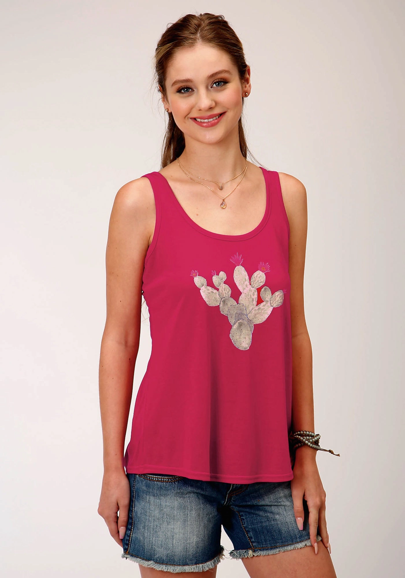 Easy Styling Roper Womens Pink Poly/Rayon Cactus Swing S/L Tank Top