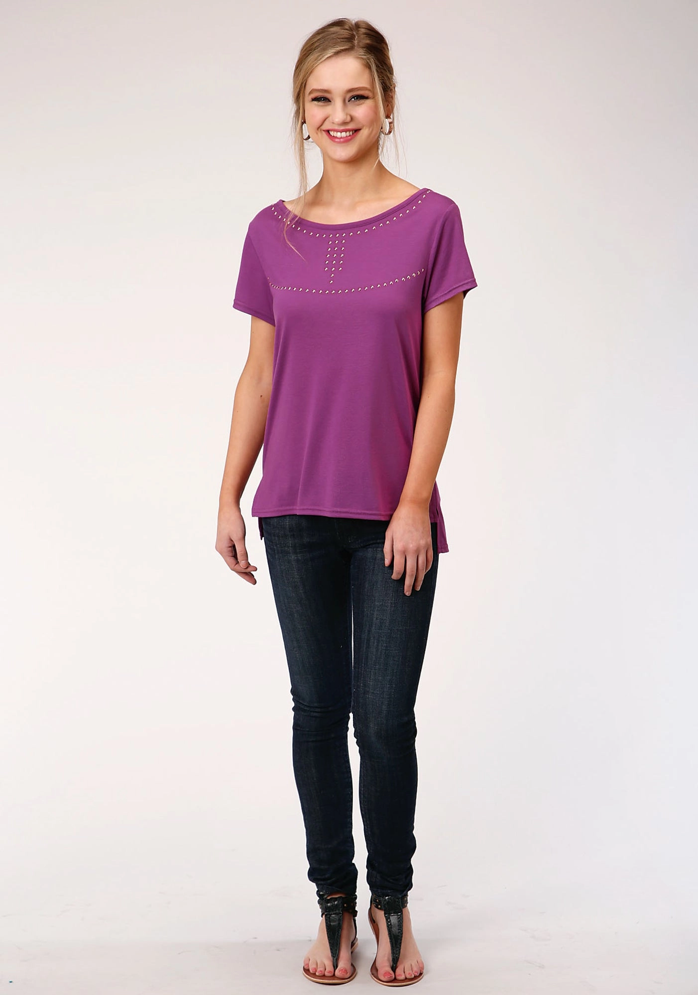 Smooth Zipper Design Thermoregulating Layer Roper Womens Plum Poly/Rayon Copper Studs S/S T-Shirt