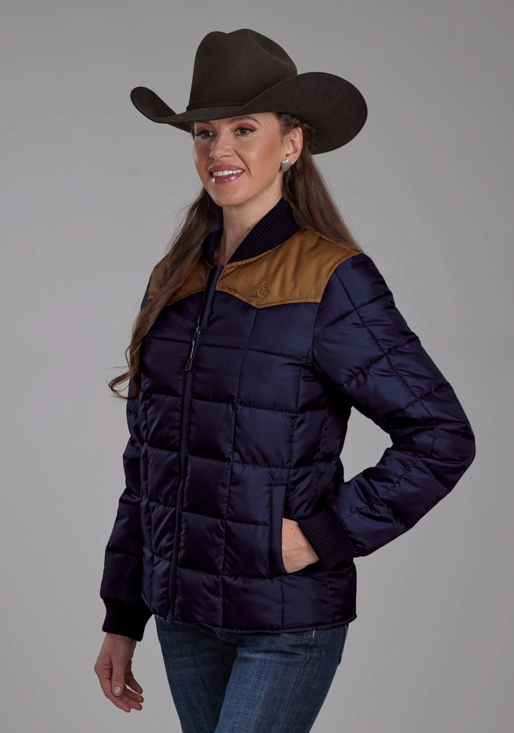 Roper Womens Poly Filled Western Blue/Tan 100% Polyester Insulated Jacket Compact Layer Wrinkle Free Fabric