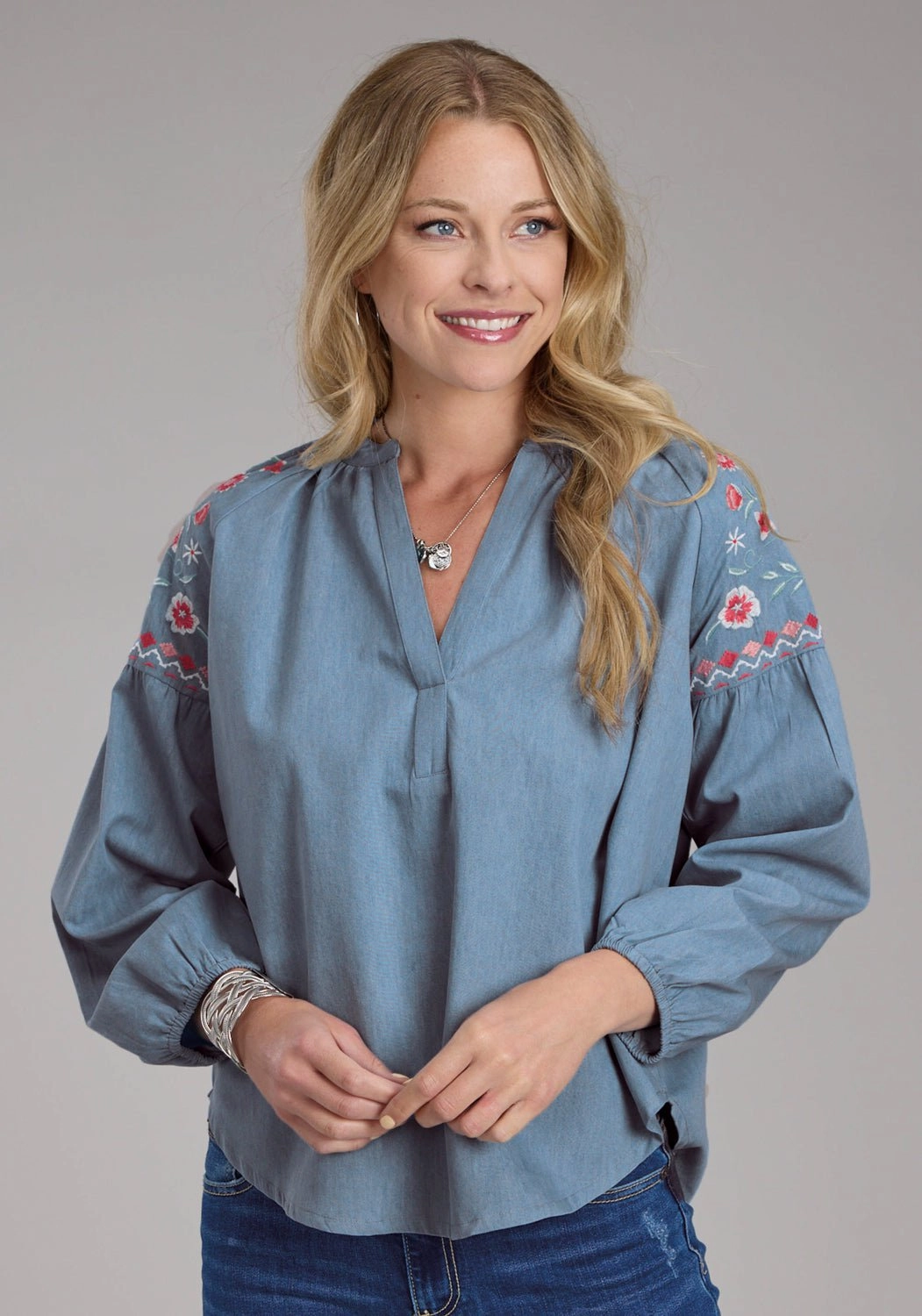 Sustainable Manufacturing Process Roper Womens Pretty V-Neck Peasant Blue 100% Cotton L/S Blouse