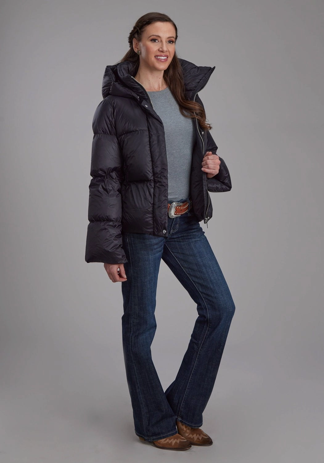 Anti Pilling Surface Taped Seam Technology Roper Womens Puffer Down Coat Black 100% Nylon Softshell Jacket