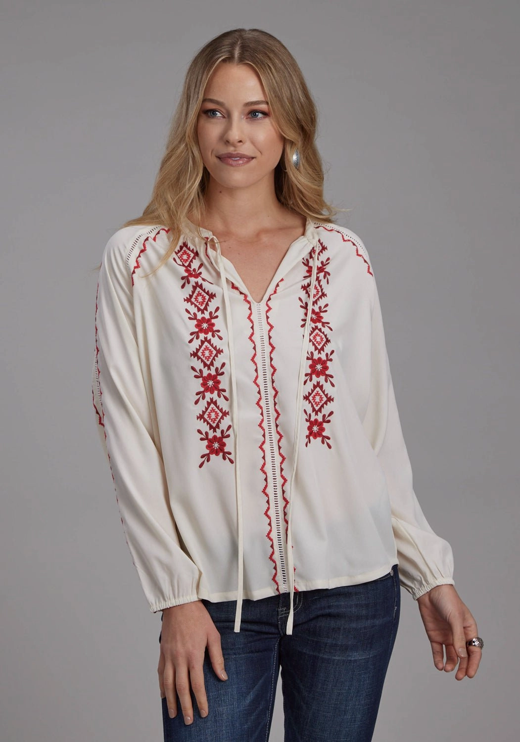 Sustainable production Roper Womens Red Geometric Self Tie Cream 100% Polyester L/S Blouse